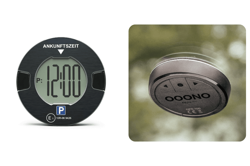 Die Vor- und Rückseite der Ooono Park No1 digitalen Parkscheibe